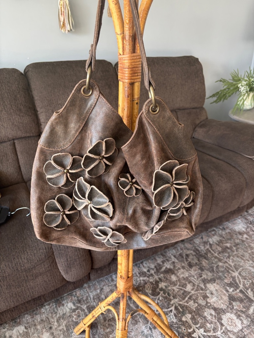 Anthropologie Brown Leather Floral-Accent Hobo